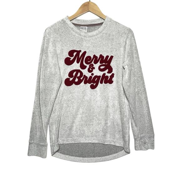 Ugly Christmas Sweater Tops - CHRISTMAS SWEATER Women’s Gray Merry & Bright Long Sleeve Fleece Top